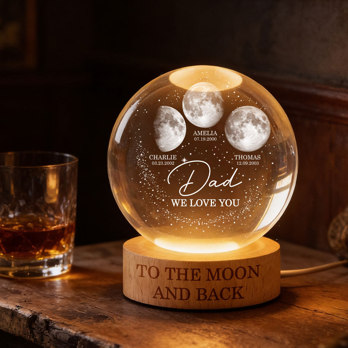 Love to the Moon and Back - Personalized Crystal Ball LED Night Light - Custom Moon Phase by Date, Father's Day Gift for Dad, Husband