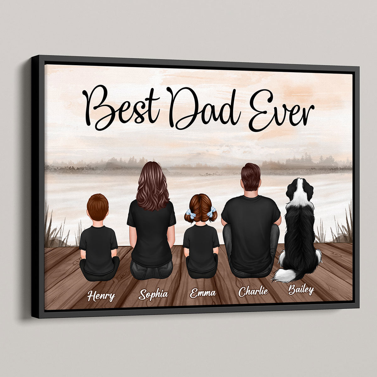 Retro Family Dad Grandpa Back View Man & Kids Lake View Personalized Horizontal Poster