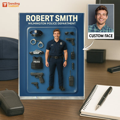 3D Effect Police Officer Custom Figure Personalized Rectangle Flat Acrylic Block Plaque, Unique Father's Day Gift For Police Officers, Dad, Husband [MALE version ONLY]