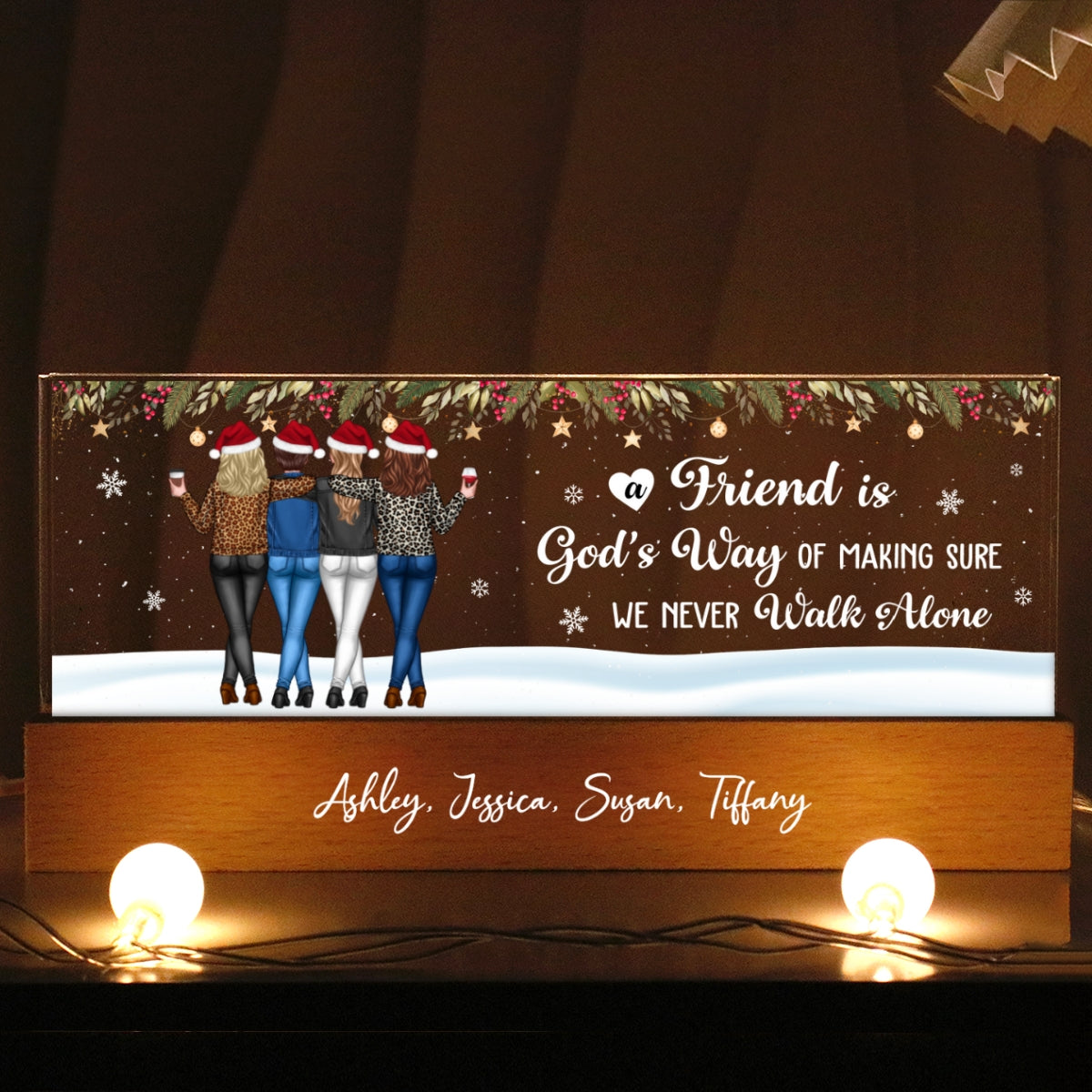 Christmas Friends Standing In Snow Personalized Acrylic Block LED Night Light