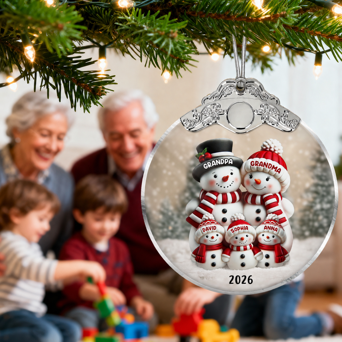 3D Effect Cute Snowman - Personalized Glass Ornament With Silver Cap - Christmas Decor For Family, Grandma, Grandpa