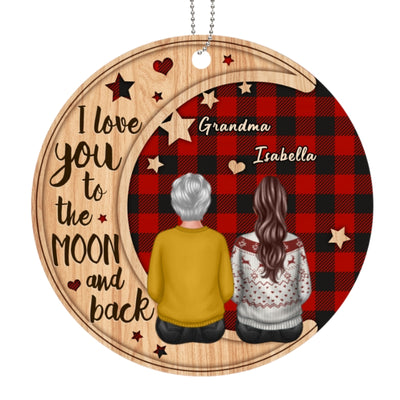 Checkered Pattern Grandma Adult Grandkid On Moon Personalized Wooden Ornament