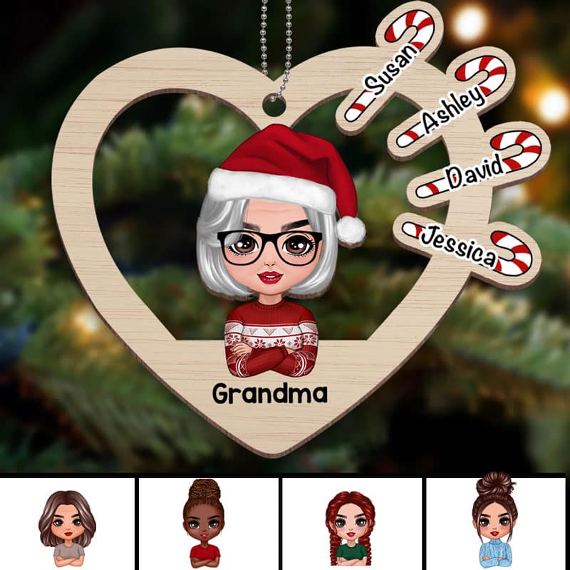 Grandma Heart Candy Canes Personalized Wooden Ornament
