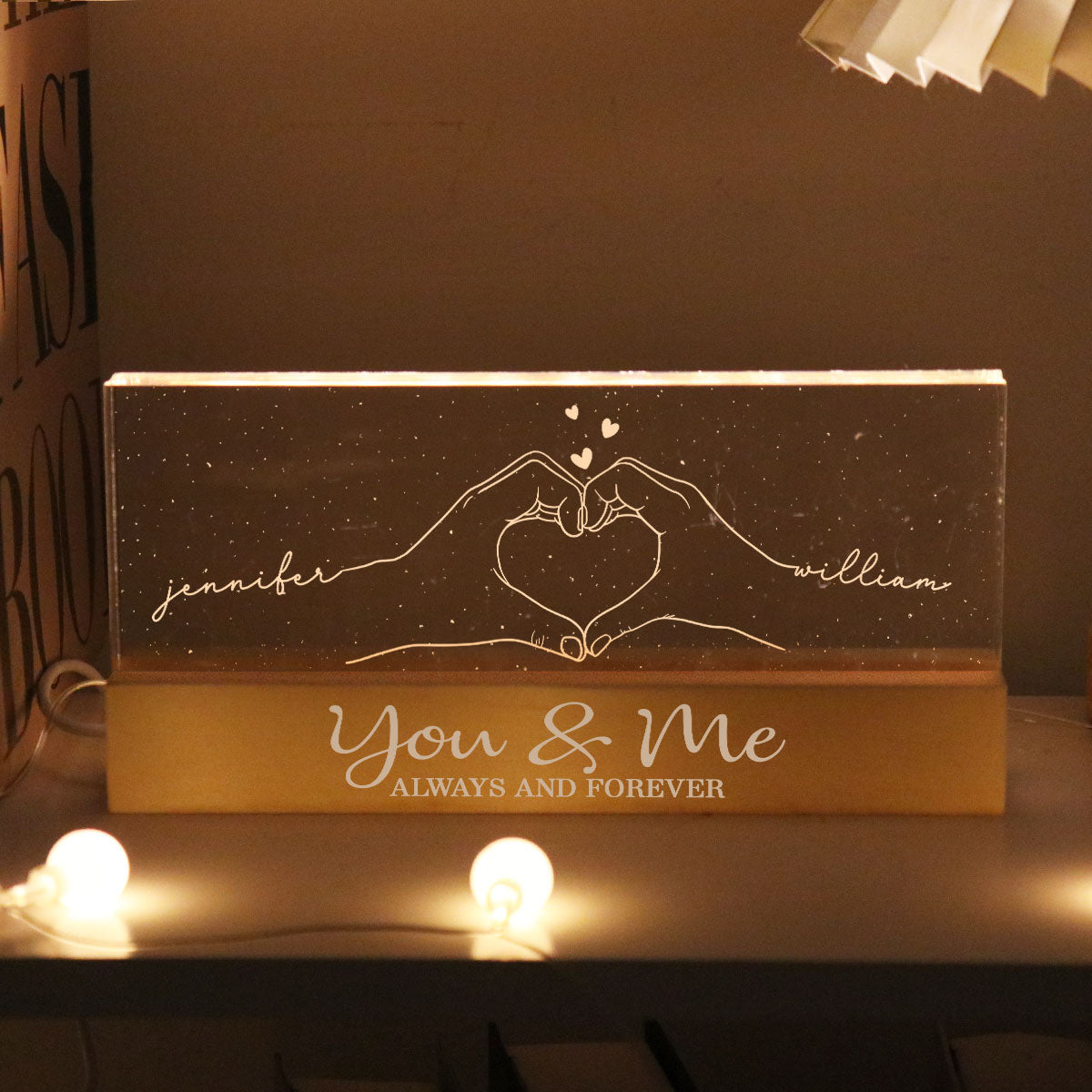 Couple Heart Hands Outline Personalized Acrylic Block LED Night Light, Gift For Him, For Her, Boyfriend, Girlfriend, Husband, Wife