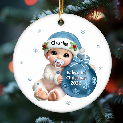 Baby Beside Christmas Bauble Baby's First Christmas Personalized Flat Ceramic Ornament