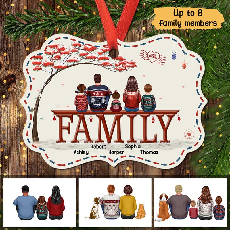 Family Dad Mom Kids Dogs Cats Under Red Tree Personalized Christmas Ornament
