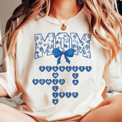 Grandma Mom Mimi Nana Gigi Floral Toile Blue Flower Grandkids Names Crosswords Personalized Shirt