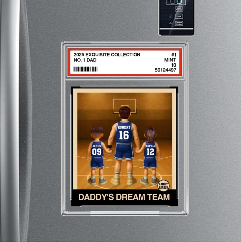 Basketball No. 1 Dad Man & Kids Trading Card Style Personalized Acrylic Fridge Magnet
