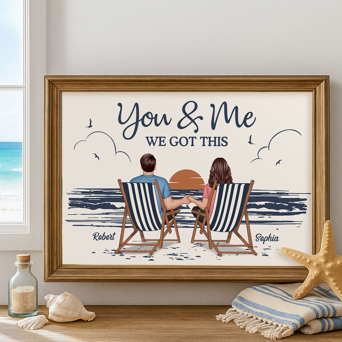 Couple At Beach Aesthetic Beach Retro Blue Theme Personalized Poster, Gift For Him, For Her