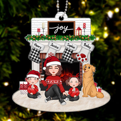 Cute Family Single Dad Mom Kids Dogs Cats Sitting At Christmas Fireplace Personalized Acrylic Ornament