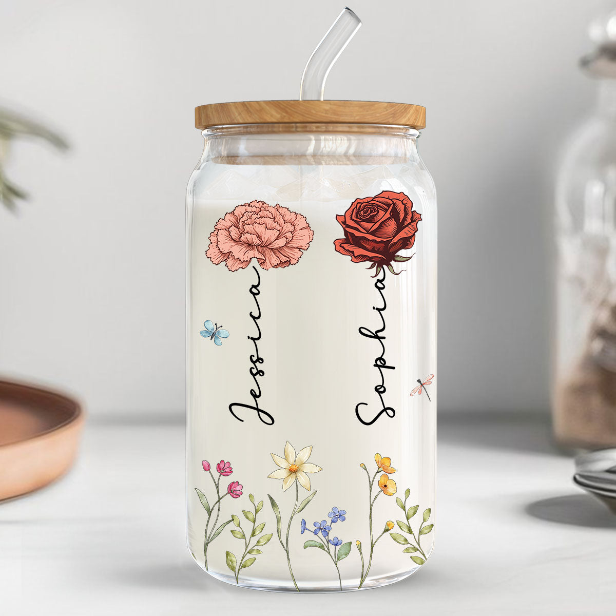 Sisters Are Different Flowers From The Same Garden Personalized Clear Glass Can, Birthday, Christmas Gift For Sisters, Siblings, Besties