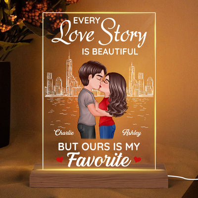Doll Couple Kissing Skyline Anniversary Gift For Him For Her Personalized Rectangle Acrylic Plaque LED Lamp Night Light