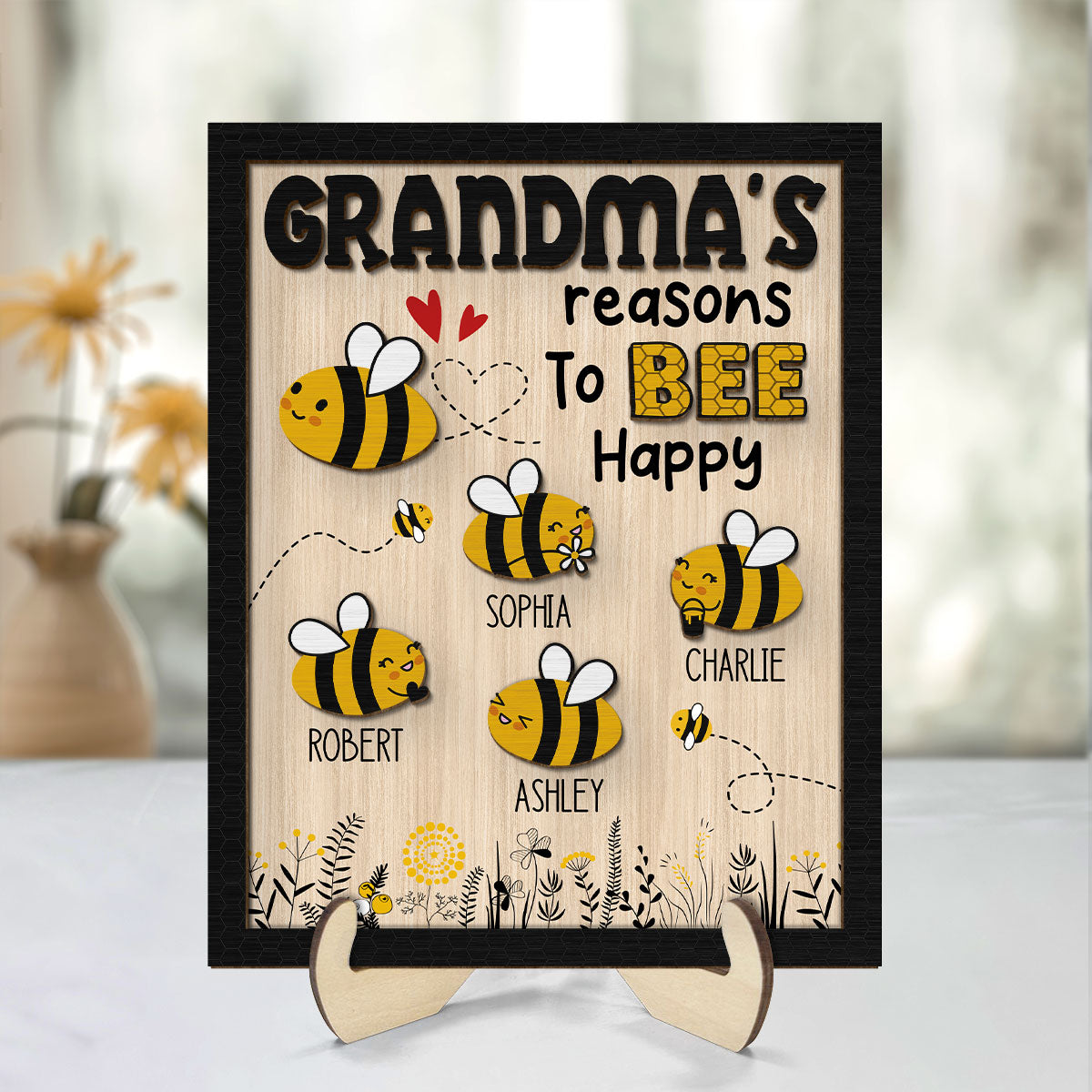 Grandma‘s Reason To Bee Happy Personalized 2-layer Wooden Plaque