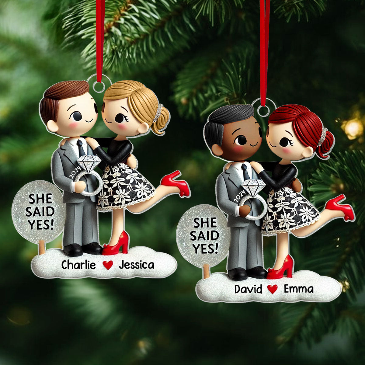 Engagement Ornament She Said Yes Personalized Couple's Engagement Christmas, 2D Flat Acrylic Ornament