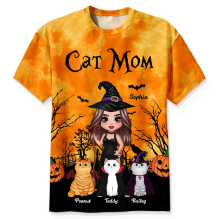 Witch Cat Mom Halloween Moon Light Bat Tree Personalized Shirt, Purrfect Costume for Cat Lover