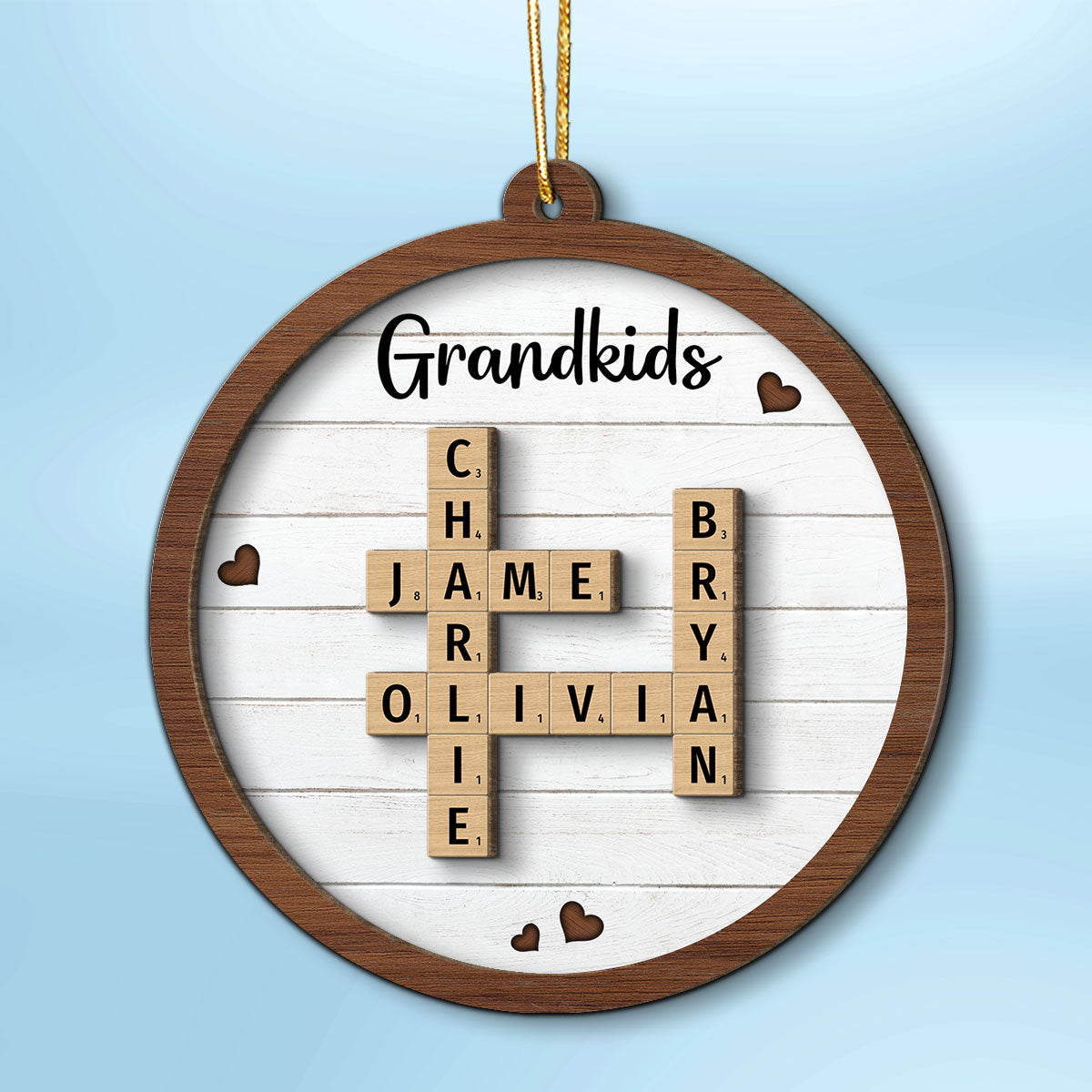 Grandkids Crossword Puzzle Art - Personalized 2-Layered Wooden Ornament - Christmas Gift For Mom, Gift For Grandma