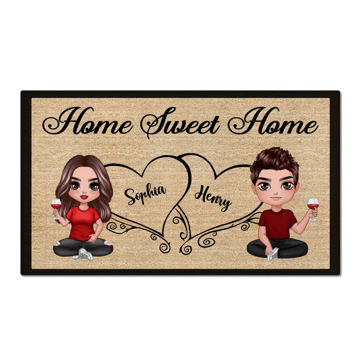 Doll Couple Sitting Home Sweet Home Housewarming Gift Home Decor Personalized Doormat
