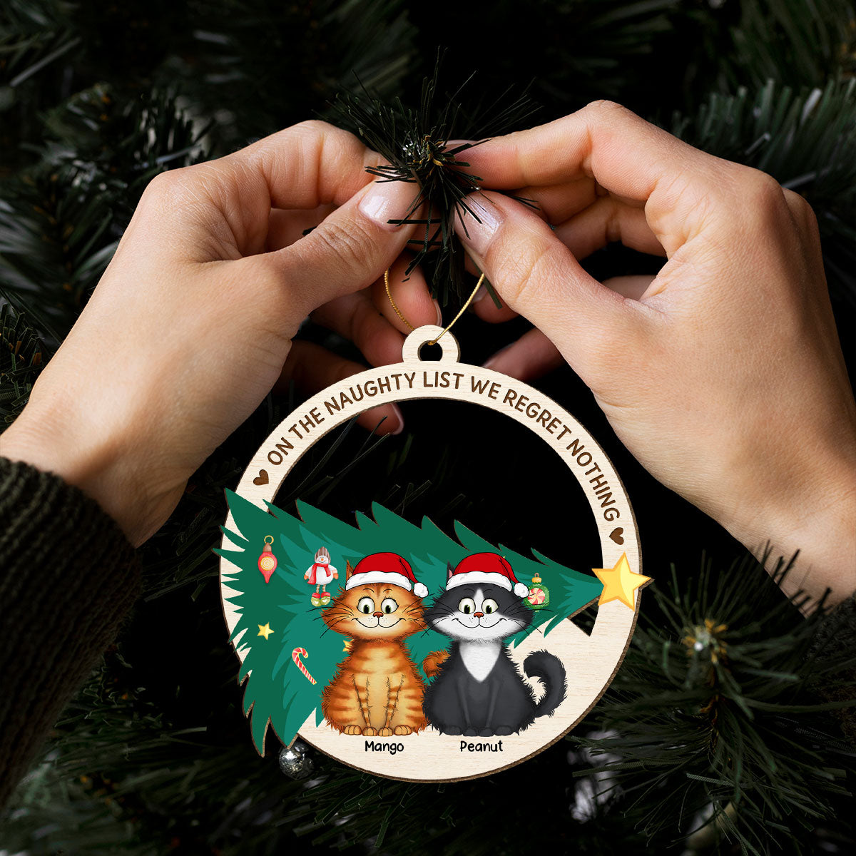 On The Naughty List We Regret Nothing Quirky Cat Wooden Ornament, Personalized Christmas Cat Ornament