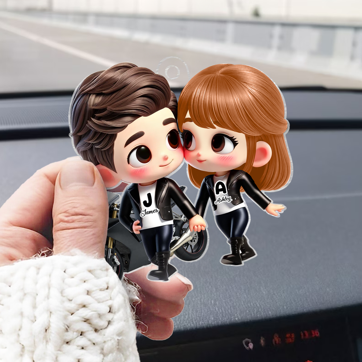 3D Effect Cute Cartoon Motorcycle Couple Personalized Acrylic Car Hanger, Anniversary &  Gift for him, Gift for her