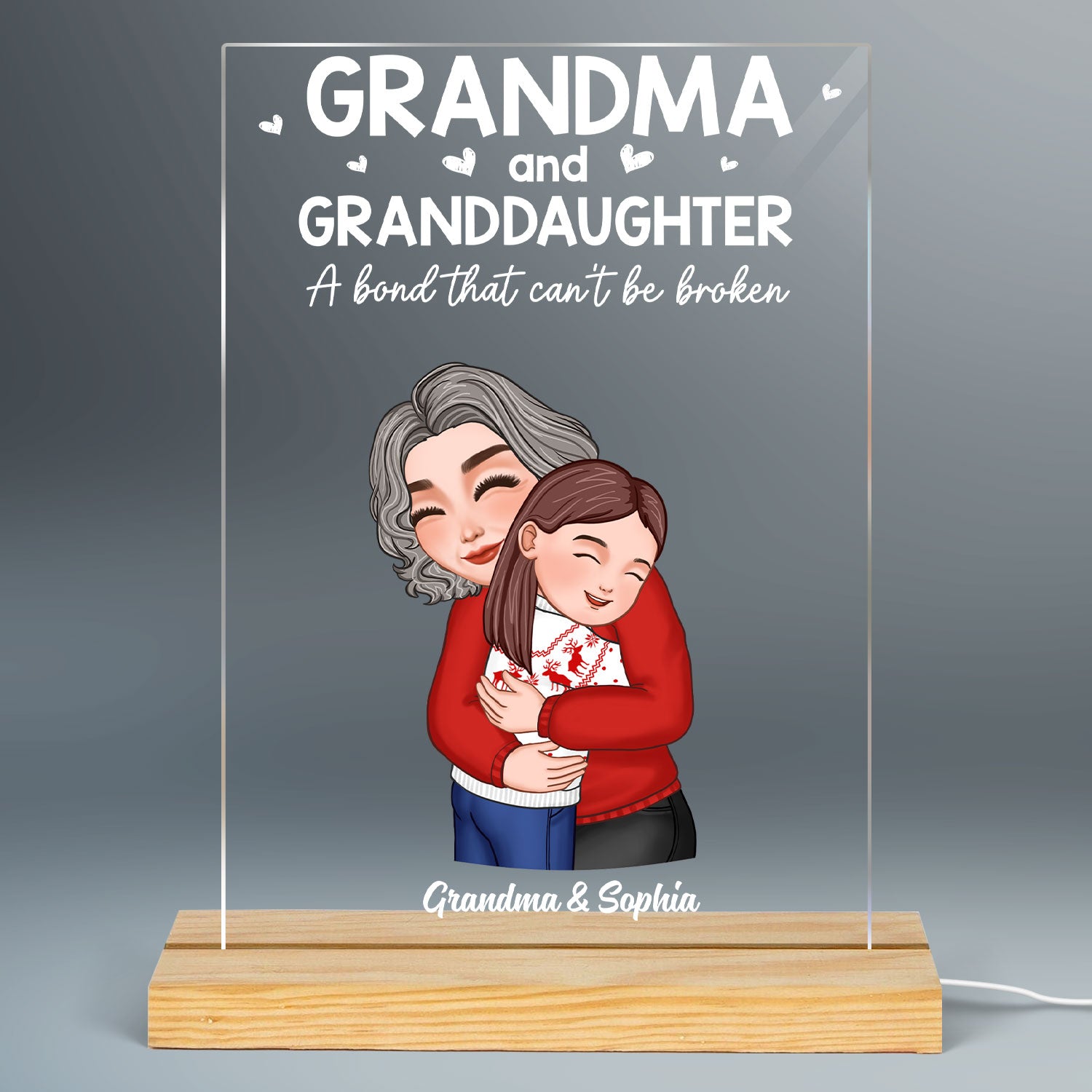 Grandma Hugging Kid Christmas Gift For Granddaughter Grandson Personalized Rectangle Acrylic Plaque LED Night Light