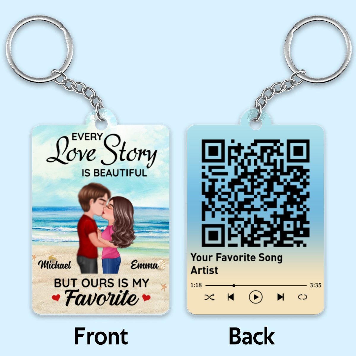 Beach Landscape Doll Couple Kissing Favorite Song Scannable QR Code Personalized Acrylic Keychain