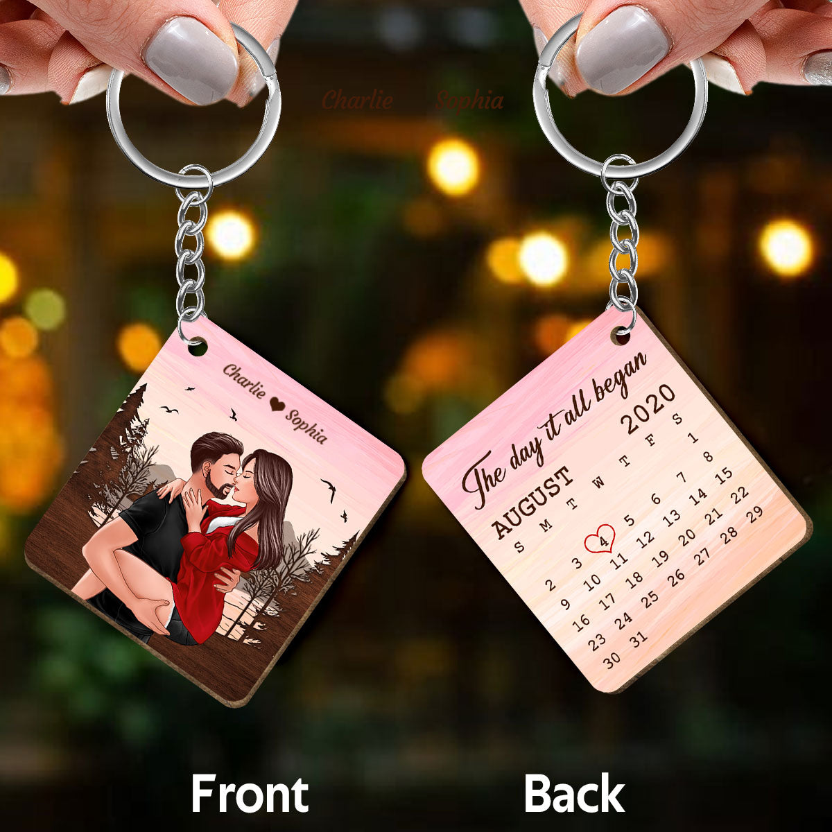 Man Holding Woman Kissing Anniversary Calendar Gift Personalized Wooden Keychain