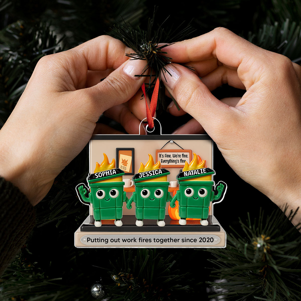 [BUY 1 GET 1 FREE] 3D Effect Dumpster Fires In Office Scene - Personalized Acrylic Ornament - Funny Gift For Colleagues, Work Besties