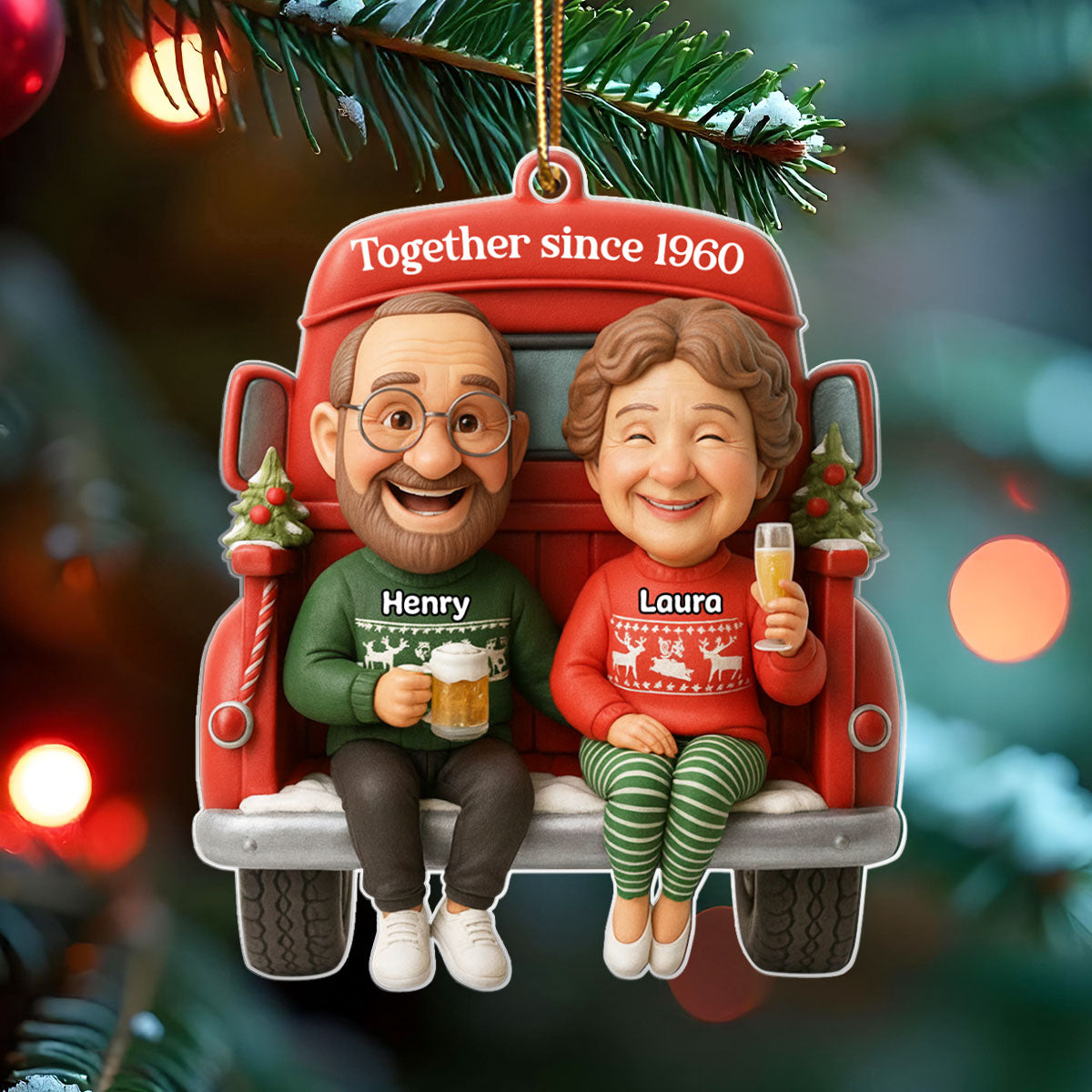 Old Couple Sitting on Christmas Truck - Personalized Acrylic Ornament - Christmas Gift for him, Gift for her