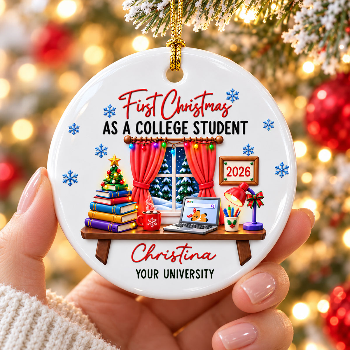 College Student With Desk Design - Personalized Ceramic Ornament - Christmas Gift For New Student, Boy, Girl