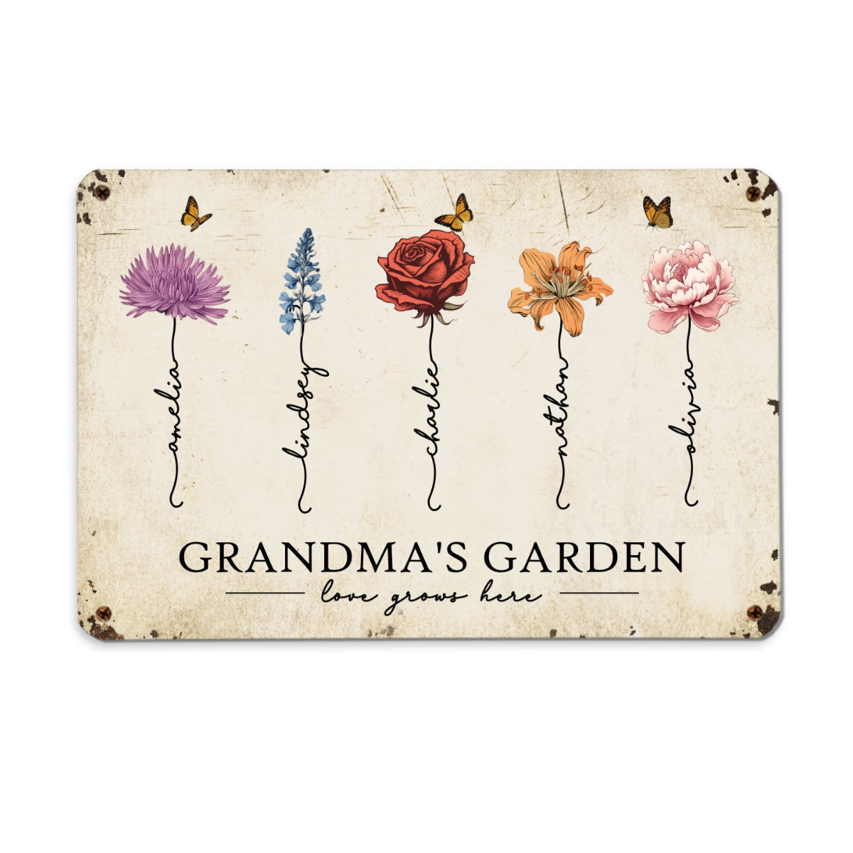 Grandma‘s Garden Love Grows Here Beautiful Birth Month Flower Gift For Grandma Mom Personalized Metal Sign