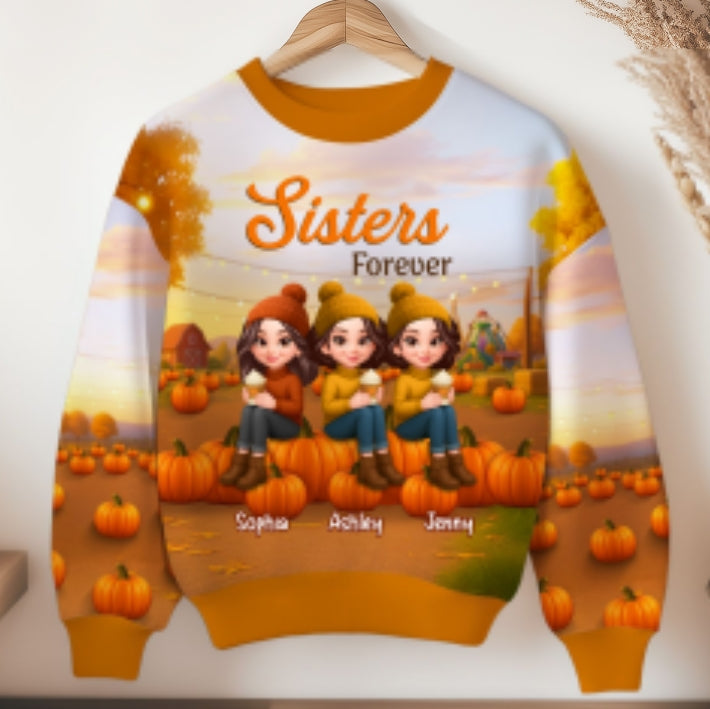 Fall Season Besties Sitting On Pumpkins Personalized 3D Sweatshirt