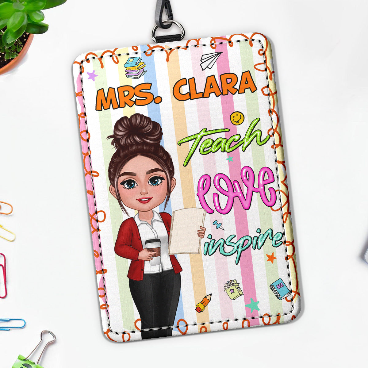 Teach Love Inspire Preppy School Teacher Personalized ID Badge Holder, Back To School Gift For Teacher