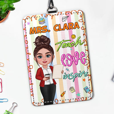 Teach Love Inspire Preppy School Teacher Personalized ID Badge Holder, Back To School Gift For Teacher