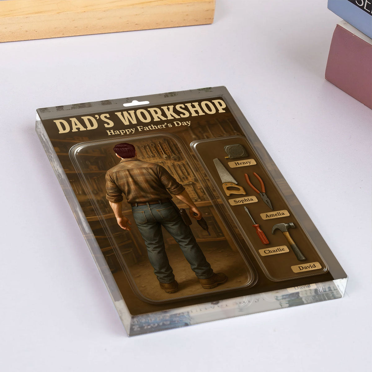 Dad's Workshop With Kids' Names Grandpa's Workshop Custom Figure Personalized Acrylic Block Plaque, Unique Father's Day Gift For Him, For Dad, For Grandpa