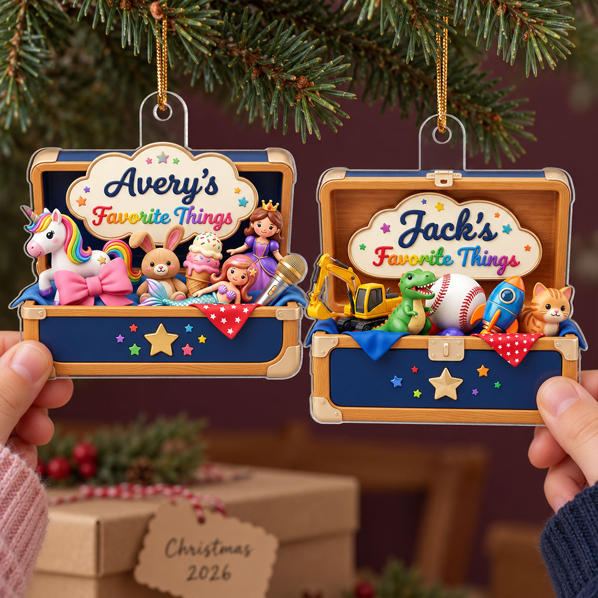 Kid's Favorite Things Box 2D Flat Printed - Personalized Acrylic Ornament - Custom Name & Favorite Things Keepsake Gift for Kids