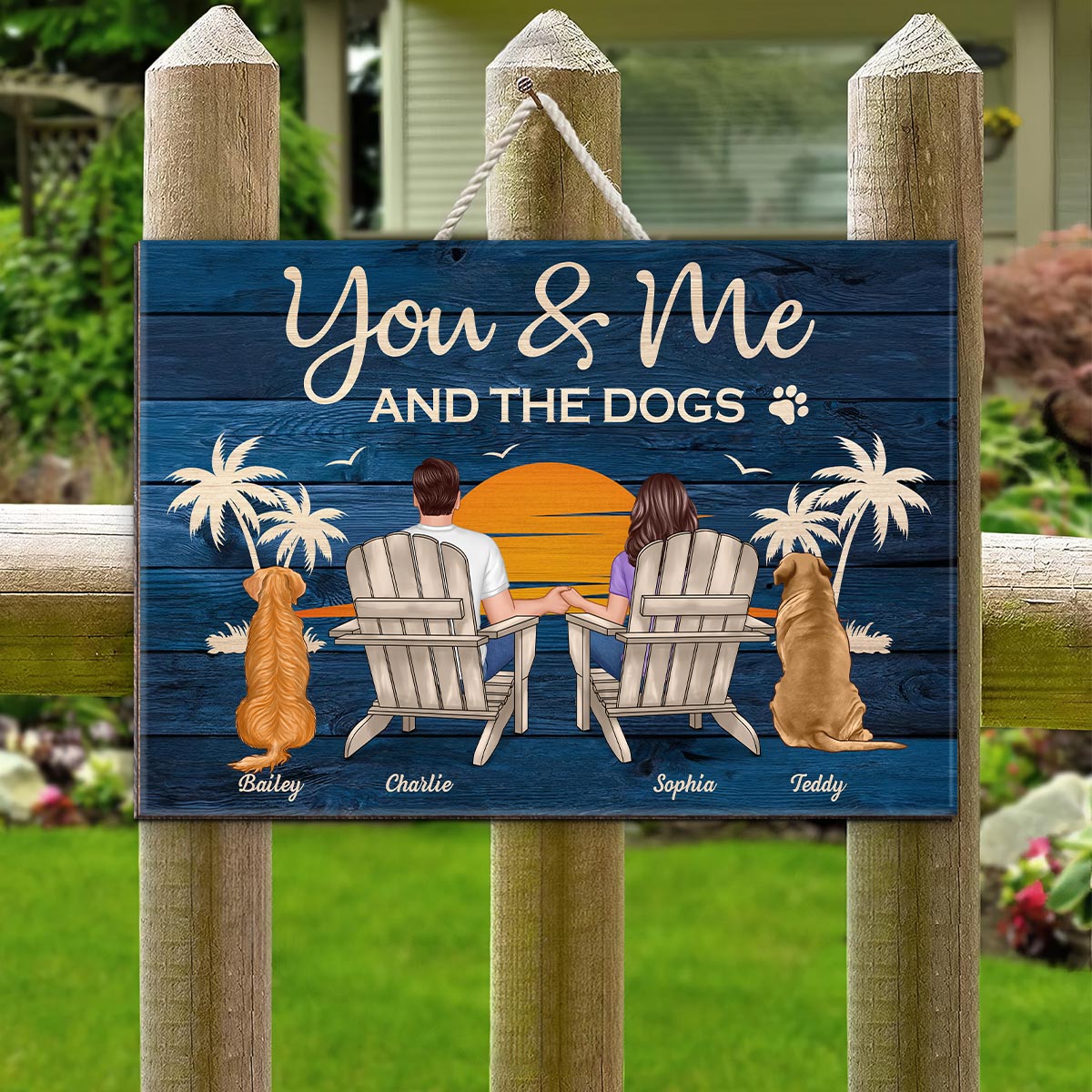 You & Me and The Dogs Couple Sitting Personalized Wood Sign