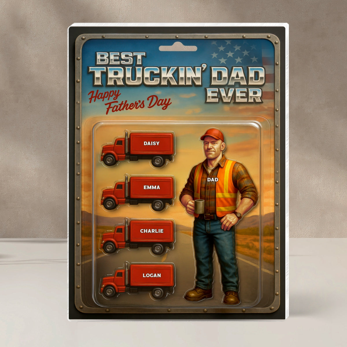 Best Truckin' Dad Ever Nation Flag Custom Action Figure Personalized Acrylic Block Plaque, Father's Day Gift for Trucker Dad