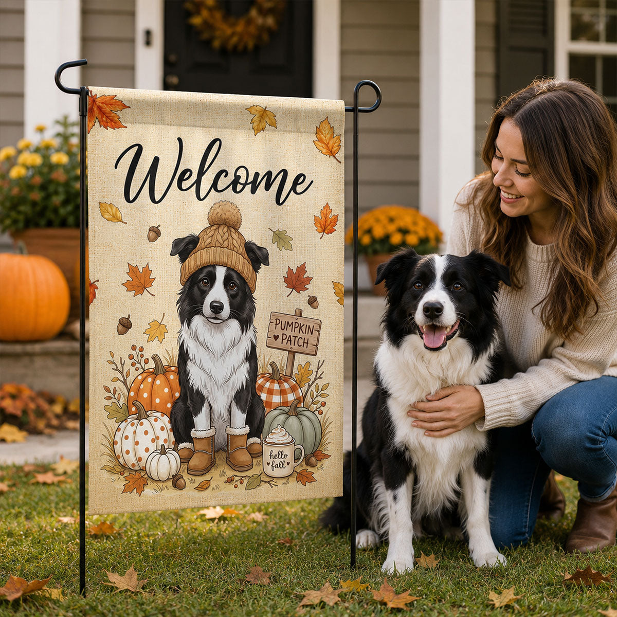 Hello Fall Custom Dog Cat Pet Portrait from Photo - Personalized Garden Flag - Cozy Fall Decor for Pet Lovers