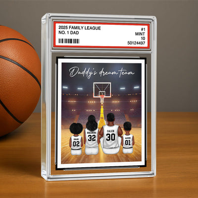 Basketball Daddy's Dream Team No. 1 Dad Man & Kids Sitting Trading Card Style Personalized Acrylic Block Plaque