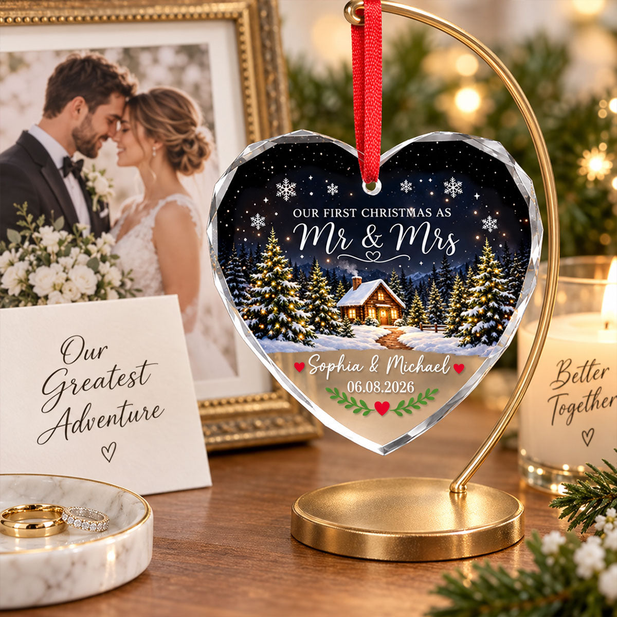 Our First Christmas As Mr Mrs Winter Cabin House - Personalized Glass Ornament - First Christmas Married Ornament For Couple