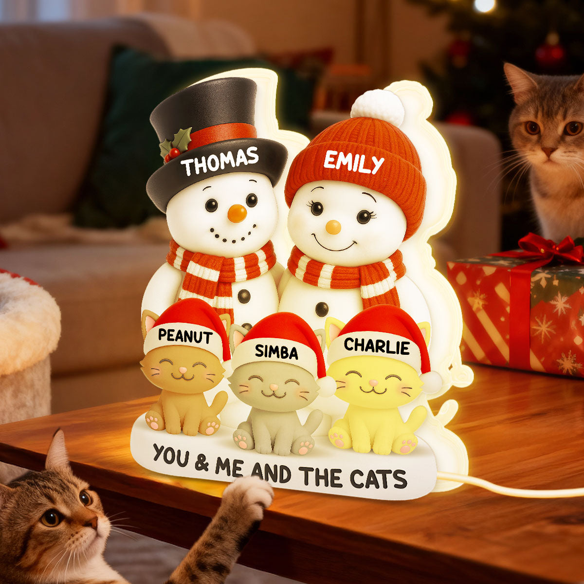 Christmas Snowman Couple You Me And The Dogs Cats- Personalized Light Box - Gift For Dog Cat Lovers