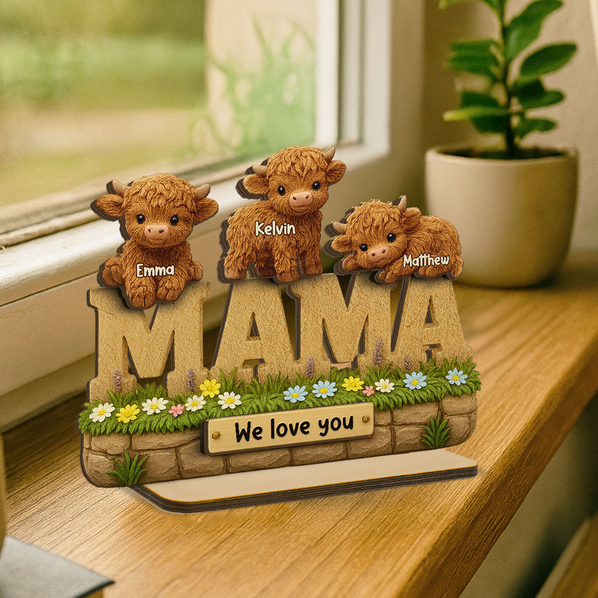 3D Effect Mama Cute Highland Cow Kids Names Personalized 2-Layer Standing Wooden Plaque, Unique Gift For Mom, Grandma