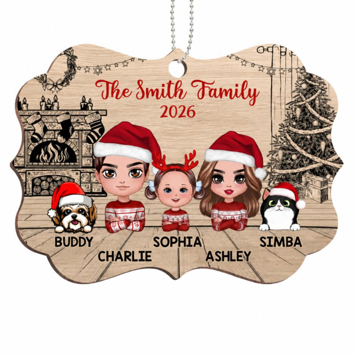 Christmas Sketch Background Family Dad Mom Kids Dogs Cats Personalized Wooden Ornament