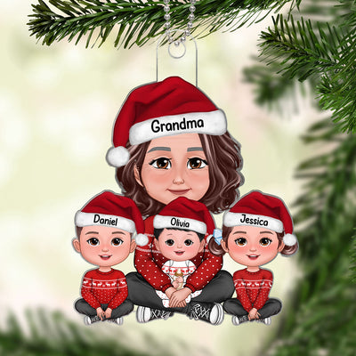 Grandma & Grandkids Sitting Crossed Legs Gift For Grandson Granddaughter - Personalized Ornament - Gift For Grandson Granddaughter