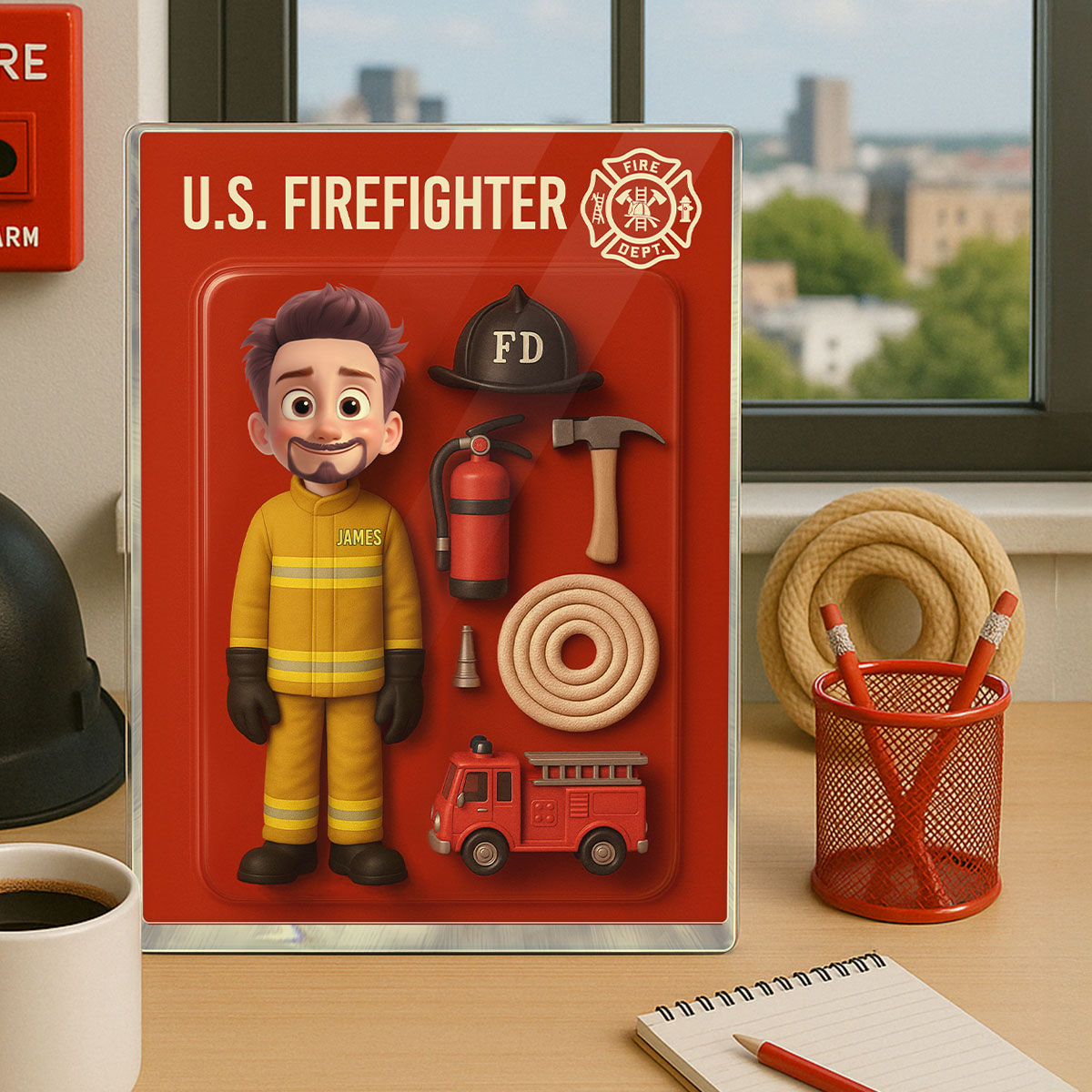 3D Effect Cartoon Funny Style Firefighter Custom Figure Personalized Flat Rectangle Acrylic Block