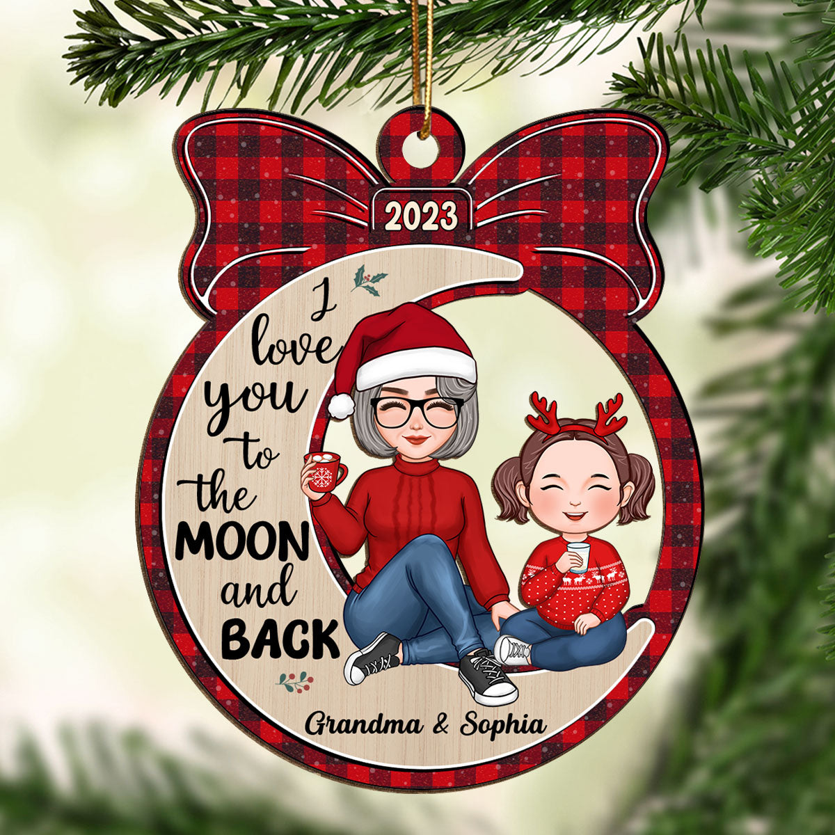 Cute Grandma & Grandkid Sitting Moon Gift Personalized Wooden Ornament