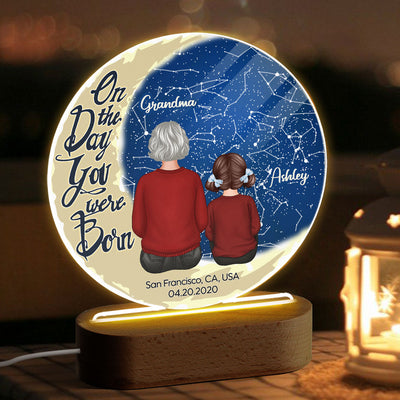 Grandma Grandkid Sitting On Moon Stargazing Star Map Personalized Circle LED Night Light