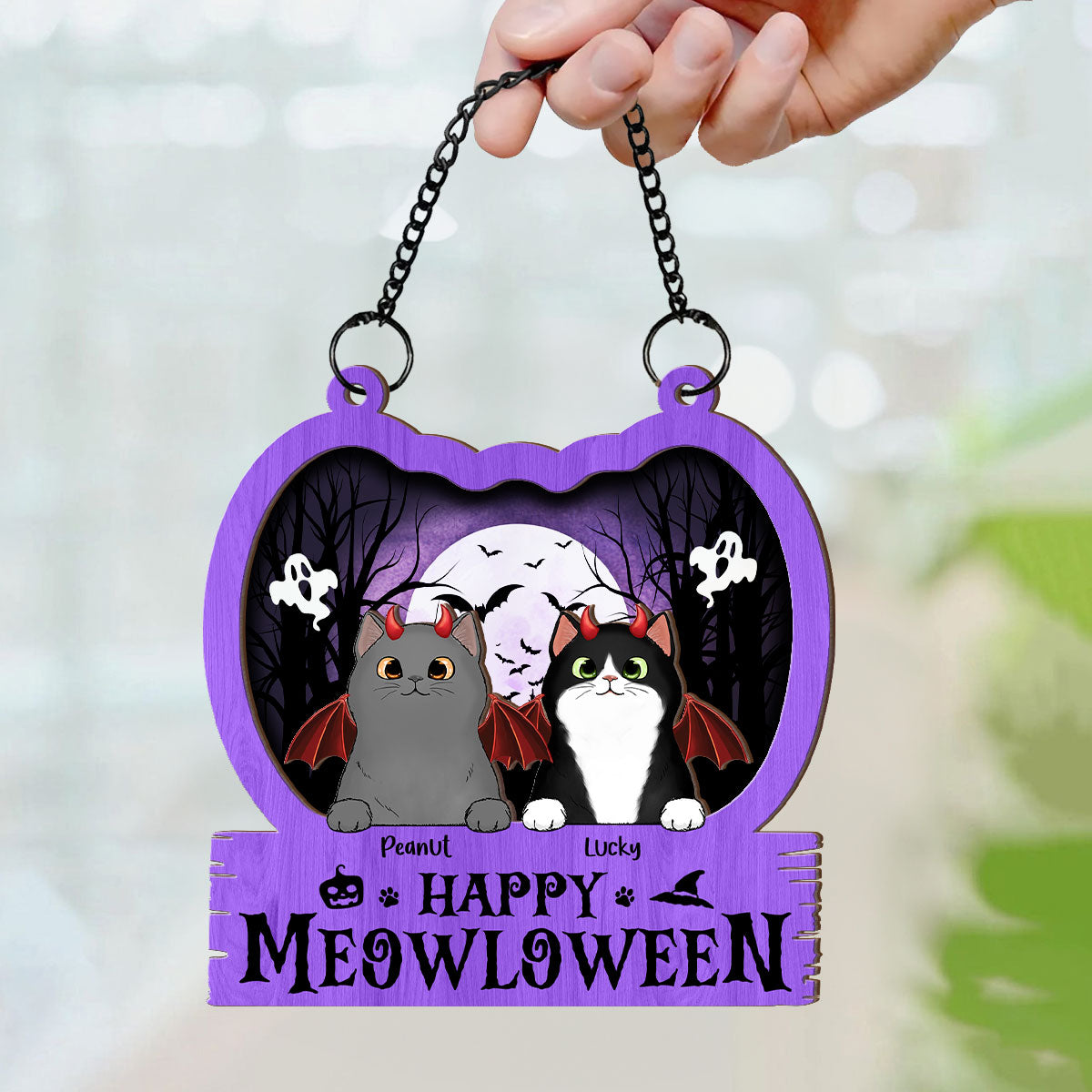 Halloween Cats In Pumpkin Personalized Suncatcher, Halloween Decor
