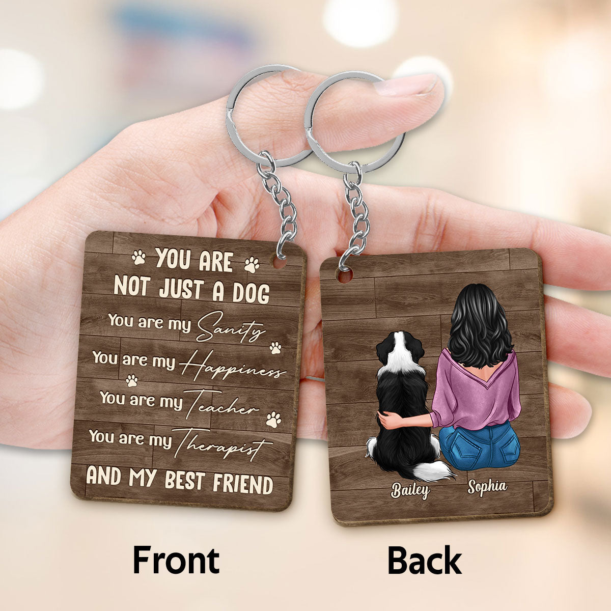 Back View Woman Sitting With Dogs You Are My Sanity Personalized Wooden Keychain