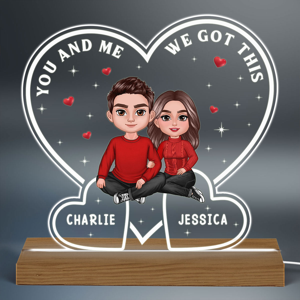 Doll Couple Embracing Sitting In Hearts Personalized Custom Shape Acrylic LED Night Light